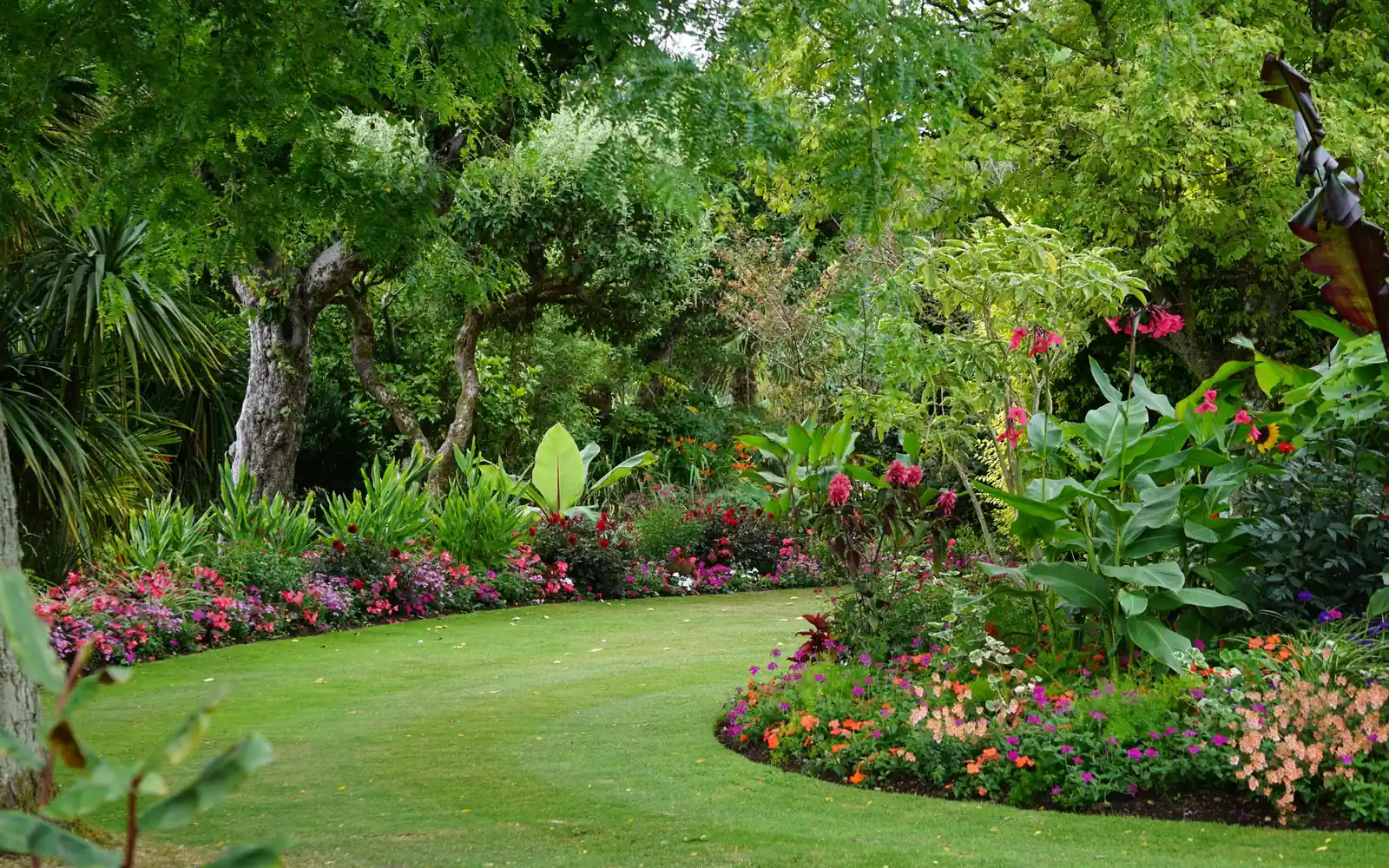 Jardin aménagé : pelouse en courbe bordée de massifs fleuris, d'arbustes et d'arbres